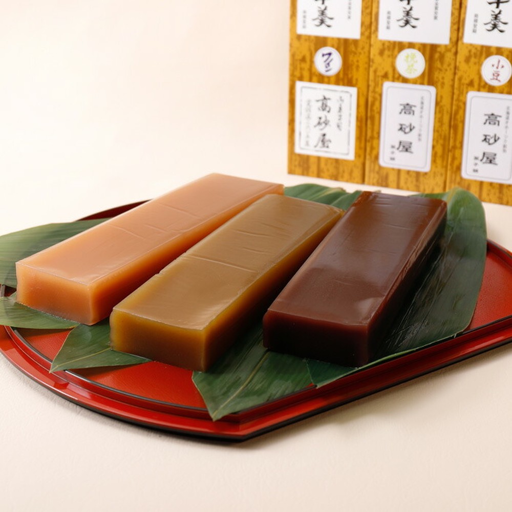 12-232 【お中元】紋別銘菓「渚滑川羊羹」３棹（小豆・挽茶・ワイン各１棹）