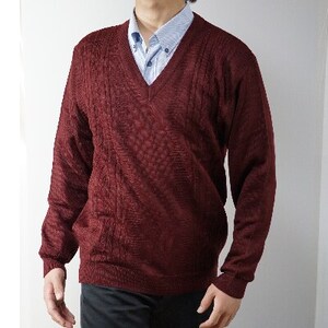 模様有 メンズニット セーター ワイン M寸 15140【1219596】