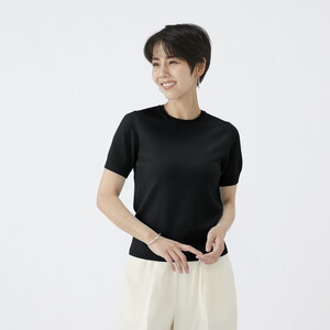 日本製 カシミヤ100% レディース クルーネック半袖 ブラック S～Lサイズ