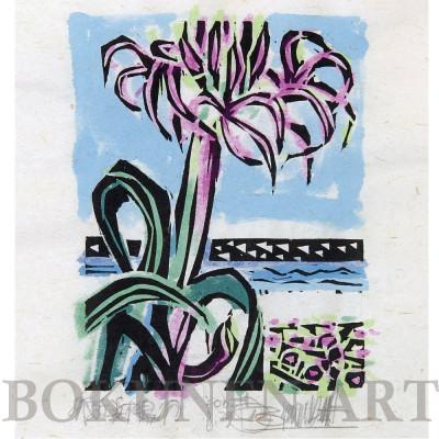 ふるさと納税 伊是名村 【名嘉睦稔・木版画】紅浜木綿 サイズ極小 |  | 01