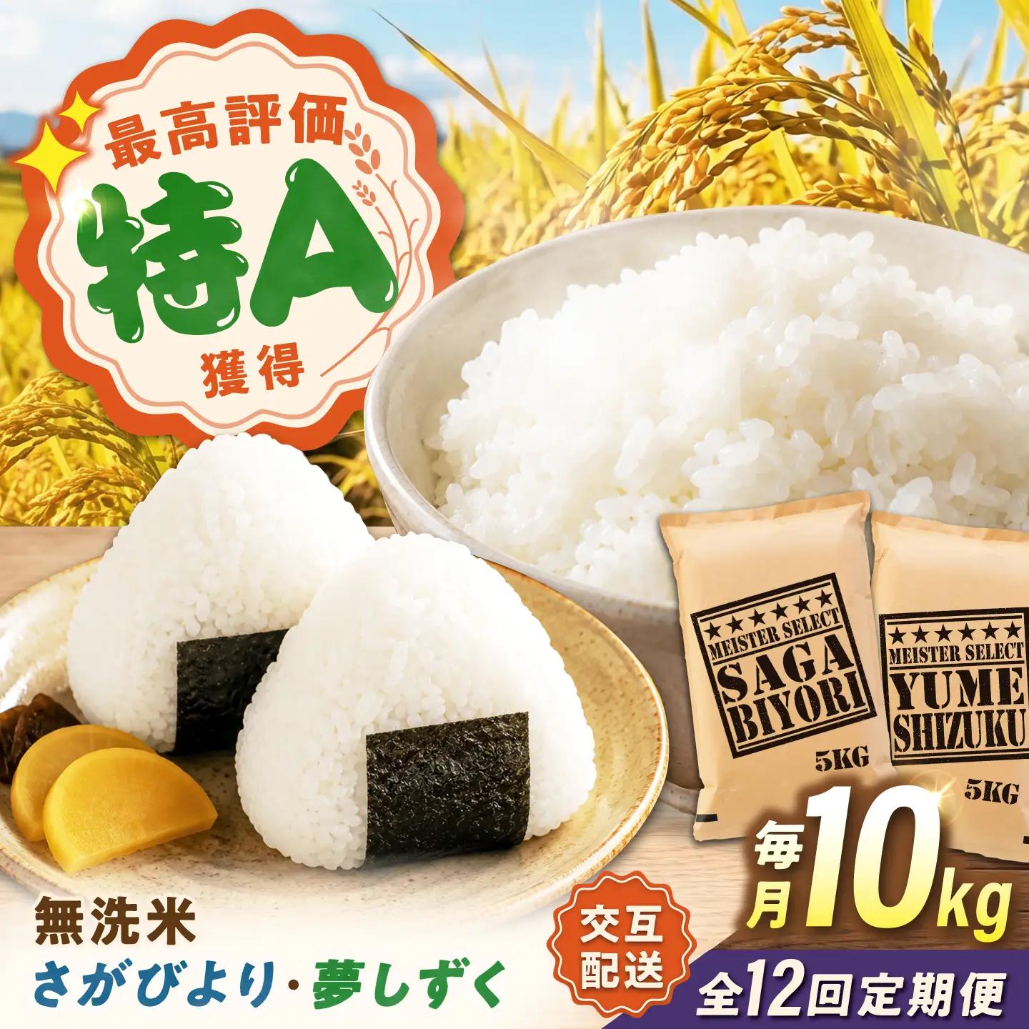【12回定期便】 無洗米 毎月10kg さがびより・夢しずく交互お届け 無洗米定期便 [UFE025]