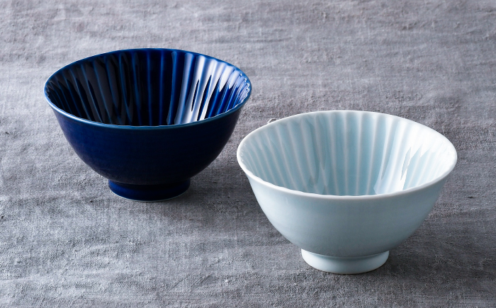 【波佐見焼】しのぎ 茶碗 大2個セット 瑠璃・青磁 食器 ちゃわん【一龍陶苑】 [CC92]