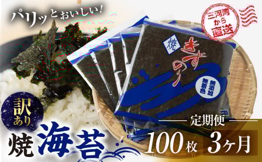 【訳あり】焼海苔 100枚  3回定期便 ( 10枚入り × 10袋 ) 焼き海苔 海苔 きずのり セット 詰め合わせ たっぷり 小分け 定期便 3回 3ヶ月 個包装 簡易包装 全形 乾海苔 おにぎり 手巻き寿司 巻寿司 お弁当 朝食 のり パリパリ 訳アリ 愛知県 田原市