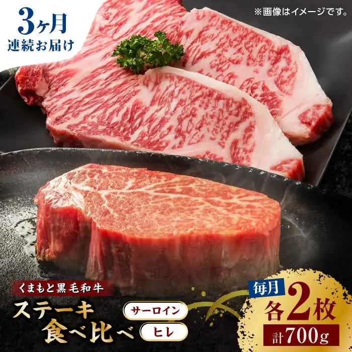 【3回定期便】くまもと黒毛和牛 ステーキ食べ比べ ヒレステーキ×2枚 サーロインステーキ×2枚【馬刺しの郷 民守】 食べ比べセット ヒレ サーロイン ステーキ  [ZBL058]