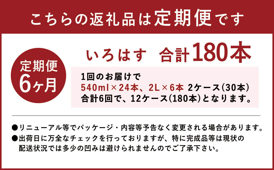 【6ヶ月定期便】い・ろ・は・す(いろはす)阿蘇の天然水 2lPET×6本(1ケース)＋540mlPET×24本(1ケース)