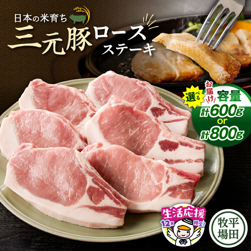 【ふるさと納税】 【数量・期間限定 12/31まで 年内 寄附額改定】＜選べる＞ 三元豚 ロース ステーキ 計600g or 800g 日本の米育ち平田牧場 肉 豚 豚肉 黒豚 バークシャー種 特別品種 便利 パック 藻塩 平田牧場 北海道 苫小牧市 おすすめ ランキング プレゼント ギフト