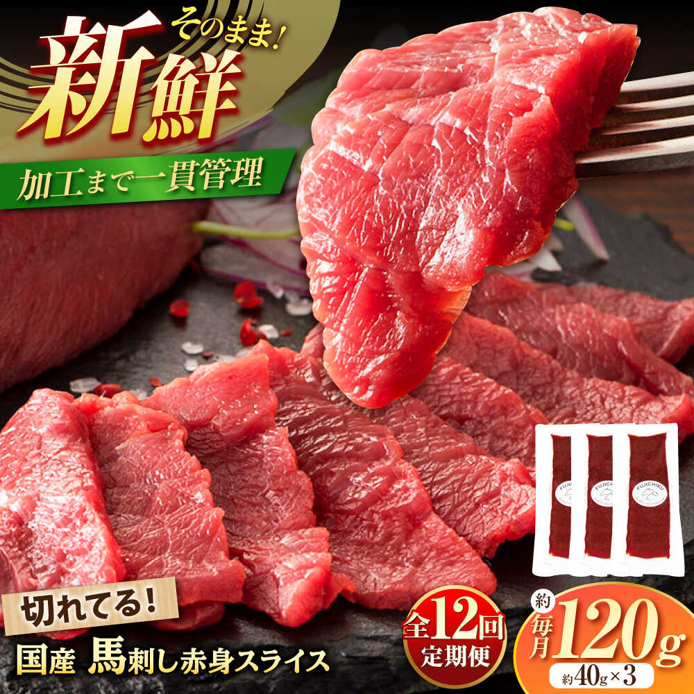 【ふるさと納税】【全12回定期便】まな板不要! フジチク 切れてる 国産馬刺し 3P 計約120g / 専用醤油付き 生姜付き おすすめ 馬刺 赤身 国産 赤身馬刺し 冷凍 送料無料【株式会社フジチク】[BHAD104]