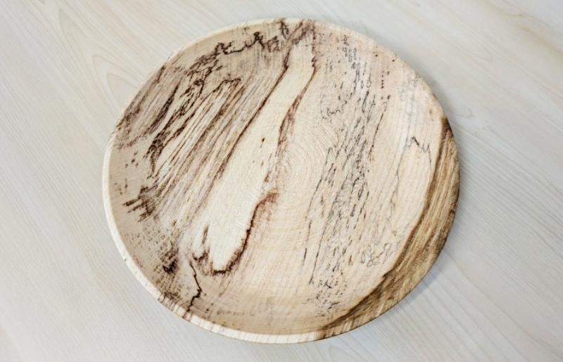 国産エノキのスポルテッド丸皿(大) 1枚 手作り1点物 099H3483-1