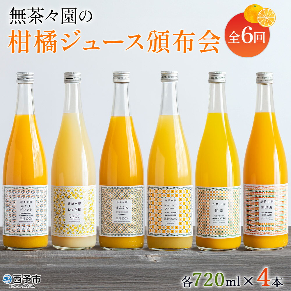 【ふるさと納税】＜無茶々園の柑橘ジュース頒布会 全6回＞ 定期便 みかん オレンジ フルーツ ストレート 果汁100% 720ml ブレンド ひょう柑 ポンカン ジューシーフルーツ 甘夏 南津海 飲んで応援 特産品 愛媛県 西予市【常温】『お申込みの翌月より第1回目を順次出荷予定』