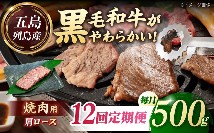 
                  【全12回定期便】五島列島産 黒毛和牛 焼肉用 肩ロース 500g 五島市/山口Farm [PGJ008]
                