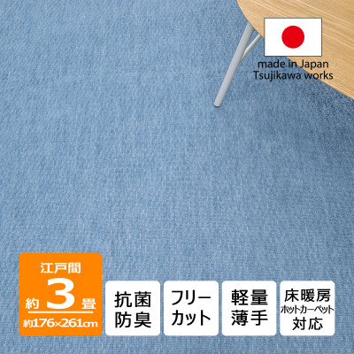 
                  カーペット 日本製 抗菌防臭 軽量薄手 ジェミニ 176×261cm 江戸間 3畳用 ブルー【1518675】
                