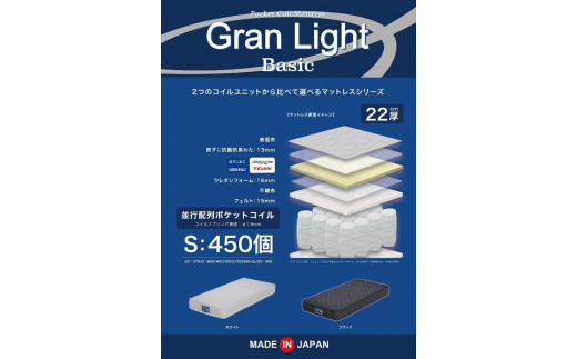 
            セミシングルサイズ 80cm幅 国産ポケットコイル マットレス グランライトベーシック【全2色】
          