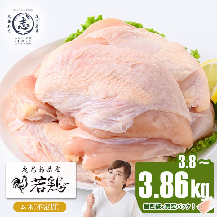 【ふるさと納税】鹿児島県産若鶏ムネ不定貫 計3.8〜3.86kg(300～386g×12～14P) 鶏肉 とり肉 鳥肉 鶏ムネ肉 若鶏 真空 真空パック 保存 個包装 唐揚げ 煮物 鍋 おかず お弁当【羽根】a2-132