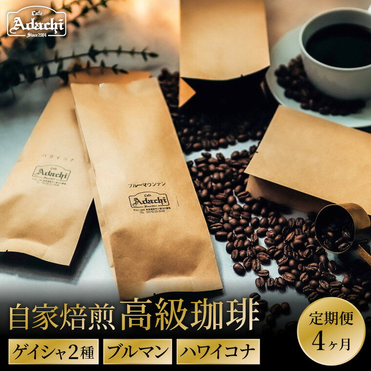 【ふるさと納税】【定期便】最高級コーヒー　4ヶ月定期便　ゲイシャ2種　ブルマン　ハワイ・コナ（100g） / カフェアダチ　珈琲　コーヒー　自家焙煎　COFFEE　焙煎