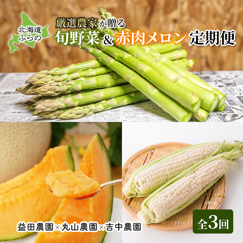 【年3回定期便】【2026年5～8月お届け】北海道 富良野 直送！ 旬の新鮮 夏野菜 厳選 3農家 スペシャルコラボ 定期便 (アスパラガス 赤肉メロン とうもろこし 北海道 富良野市 野菜 果物 フ