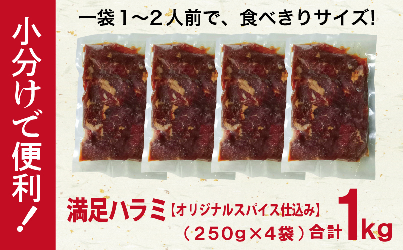 【満足牛ハラミ】オリジナルスパイス仕込み 合計1kg 【味付け ハラミ 小分け 焼くだけ 簡単調理 BBQ 牛肉 250g×4P】 010B1723