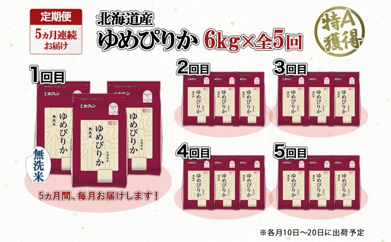 定期便 5ヵ月連続5回 北海道産 ゆめぴりか 無洗米 6kg 米 特A 