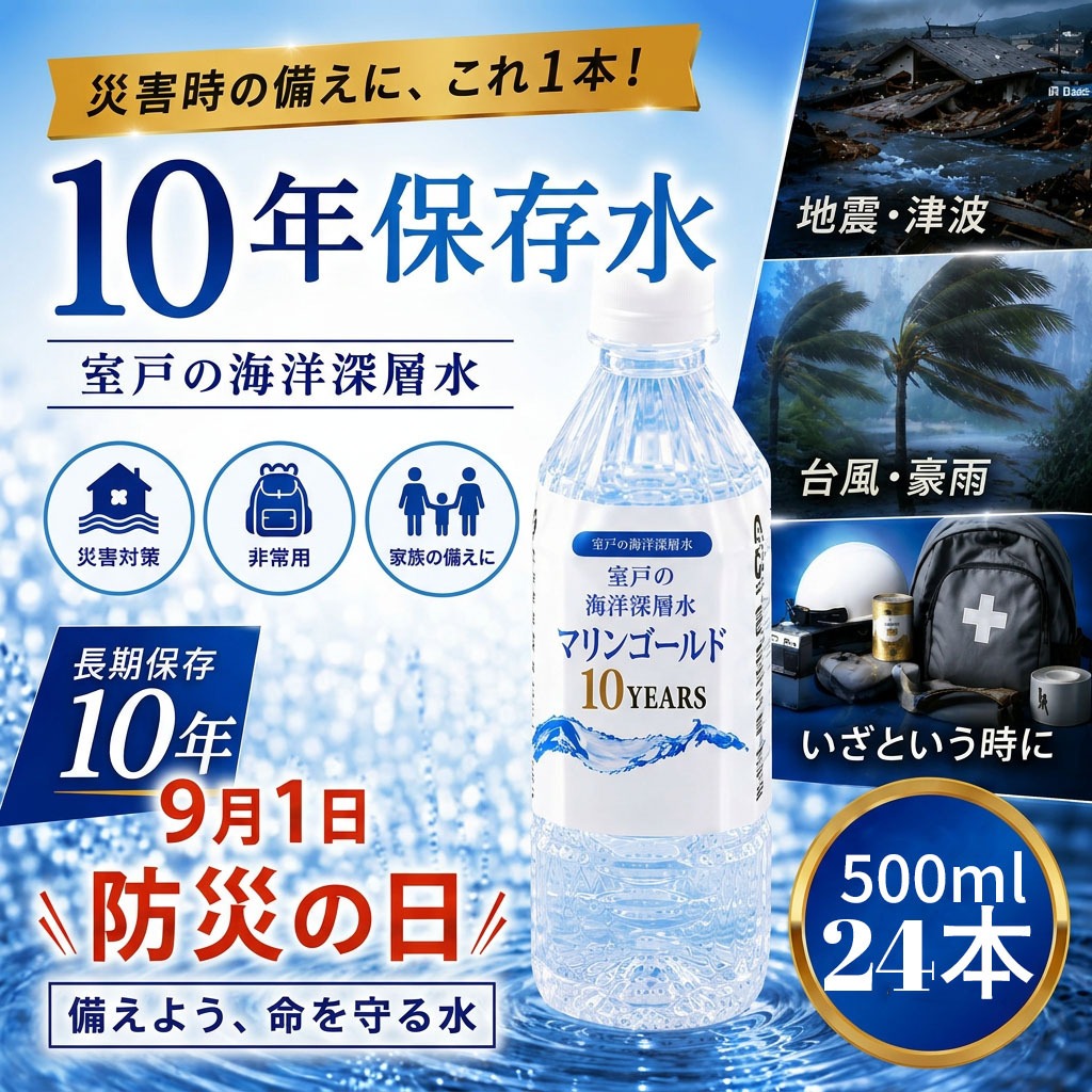 水 【保存水 10年】 災害時に備えちょきよぉ～セット 500ml×24本 マリンゴールド10years ミネラルウォーター ペットボトル 長期保存水 備蓄水 8000円 備蓄用 非常災害備蓄用 災害用 避難用品 防災グッズ 故郷納税 送料無料　mg009