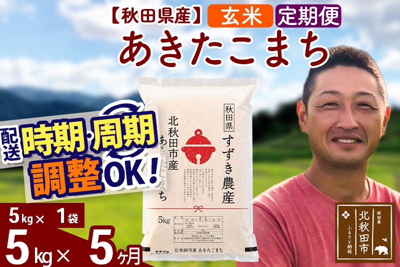 ※令和7年産 新米※《定期便5ヶ月》秋田県産 あきたこまち 5kg【玄米】(5kg小分け袋) 2025年産 お届け時期選べる お届け周期調整可能 隔月に調整OK お米 すずき農産|szap-20305