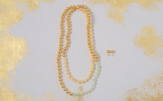 金沢箔　箔珠ロングネックレス＆ピアス（純金プラチナ箔・永遠色）
