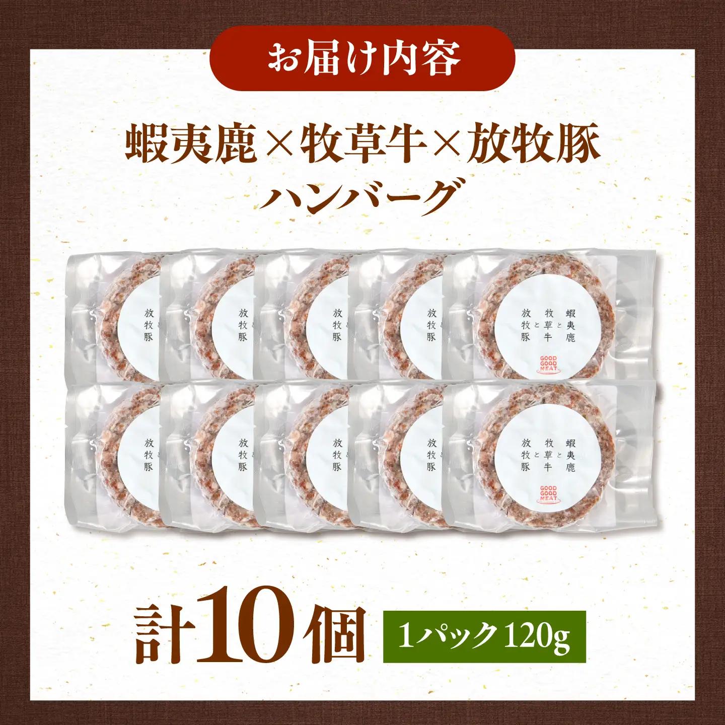 【全6回定期便】【蝦夷鹿×牧草牛×放牧豚】ハンバーグ 10個  鹿肉 牛肉 豚肉 小分け 冷凍 北海道 [AXBP032]