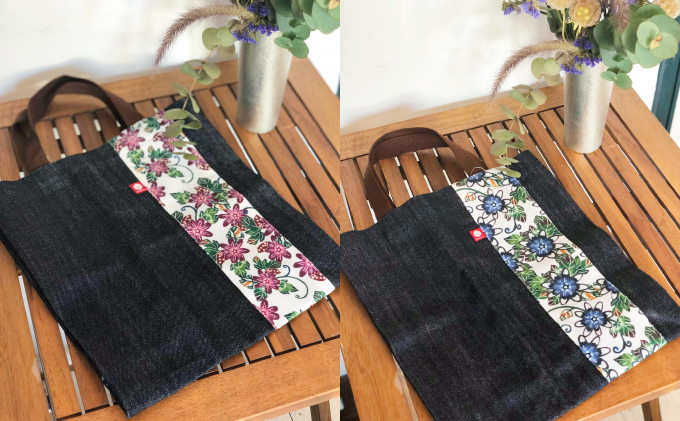 【スーリール】デニムトートバッグ | 紅琉 BINRYU アラヤプランニング株式会社 | 沖縄 伝統工芸 びんがた 紅型 | テキスタイル 柄 花柄 | トート ミニバッグ マチあり お弁当バッグ 散