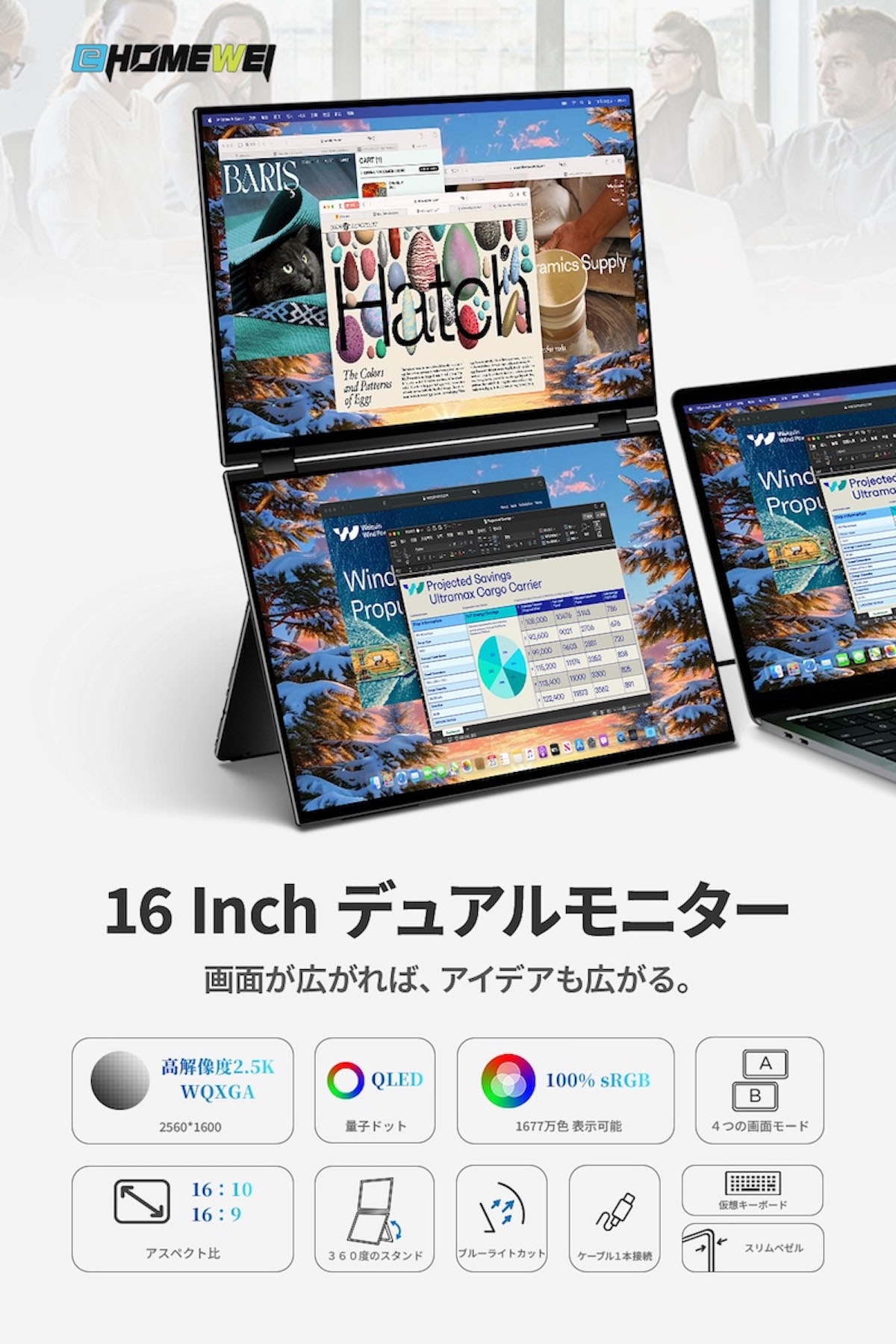 
                  EHOMEWEI デュアルモニター QLED 16インチ 2.5K 薄型6mm｜ふるさと納税 家電 [1312]
                