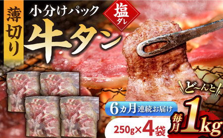 【6回定期便】【塩だれ】九州産和牛の牛タン 約1kg（約250g×4パック）長与町/岩永ホルモン [EAX082] 国産 牛肉 和牛 タン 牛タン 塩だれ牛タン 塩ダレ 牛たん塩 味付き ぎゅうたん ギュウタン 薄切り スライス 味付き 塩 焼肉 焼き肉 冷凍 焼くだけ 簡単調理 小分け 真空 定期便 ていきびん 定期 毎月 届く