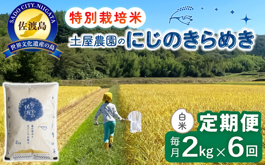 
                  【6か月定期便 にじのきらめき】佐渡島産にじのきらめき 白米 合計12kg（2kg×毎月お届け全6回）令和8年産 新米 特別栽培米 | 新潟県産にじのきらめき 新潟産にじのきらめき 佐渡産にじのきらめき にじきら 虹のきらめき お米 米 白米 精米 ブランド米 おこめ コメ 2キロ 大粒 にいがた さど 新潟県 佐渡市
                