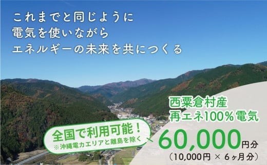 
電気料金 （10,000円✕6ヶ月分） 百森でんき CO2フリー 地域電力 お礼の電気 脱炭素 ゼロカーボン 岡山県 西粟倉村 【まずは寄付のお申し込みを！】e-vv-A06D
