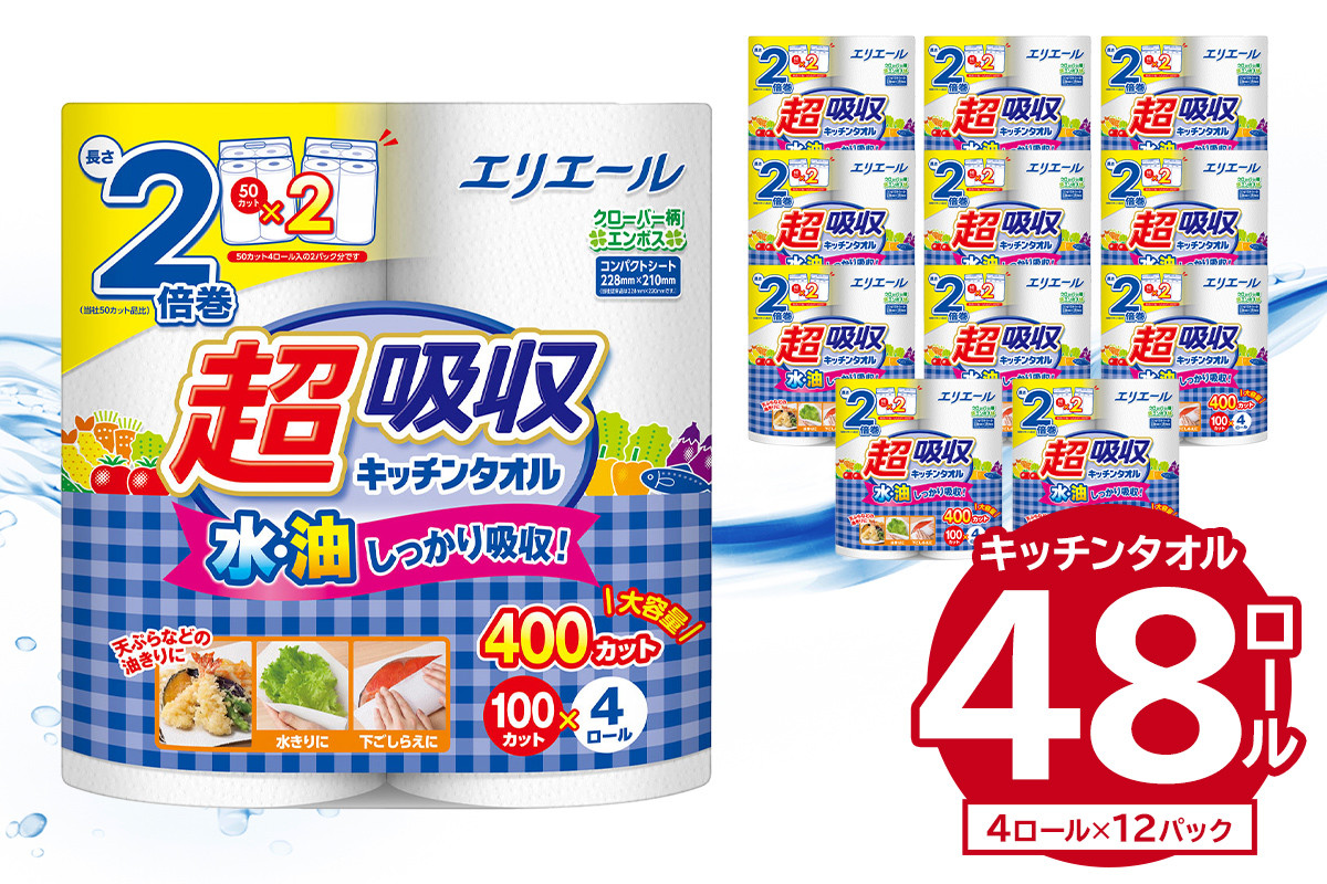 
エリエール超吸収キッチンタオル 4R100カット（4ロール×12パック）【キッチンペーパー ペーパータオル 超吸収 2倍巻き 消耗品 日用品 吸収 長持ち 破れにくい 生活必需品 料理 掃除 新生活 備蓄 防災 岐阜県 可児市】
