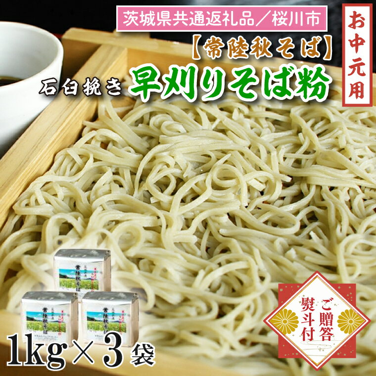 【ふるさと納税】【茨城県共通返礼品/桜川市】《お中元》贈答用・熨斗付【常陸秋そば】石臼挽き早刈りそば粉1kg×3袋入｜DX-28-1