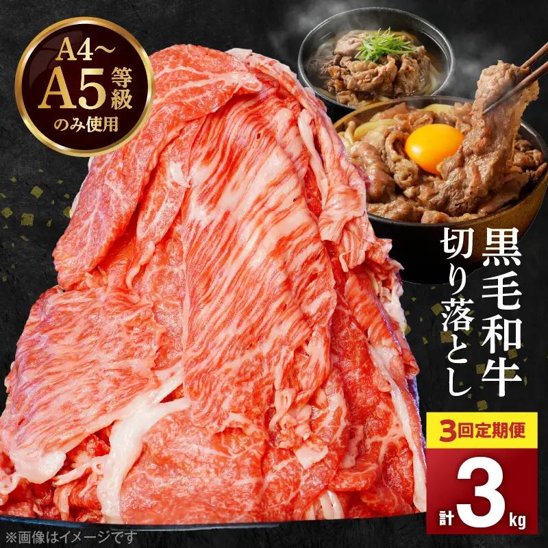S001-001-T03A_【定期便3回】A4～A5等級 黒毛和牛 切り落とし1kg（500g×2P）3か月連続お届け / 【定期便】 3回 ミシュランビブグルマン 獲得 切り落とし 500g × 2パック A4 〜 A5等級 特選 毎月届く 肉 牛肉 和牛 国産 サシ 霜降り 黒毛和種 炒め物 牛丼 肉じゃが 肉うどん 熊本県 天草市 お取り寄せ グルメ 送料無料