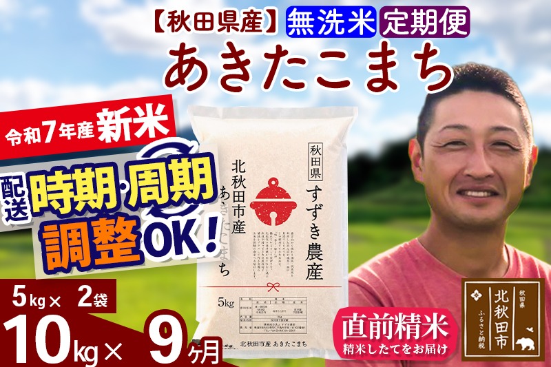 ※令和7年産 新米※《定期便9ヶ月》秋田県産 あきたこまち 10kg【無洗米】(5kg小分け袋) 2025年産 お届け時期選べる お届け周期調整可能 隔月に調整OK お米 すずき農産|szap-30609