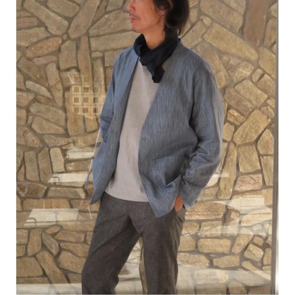 【和心衣・ワゴロモ】高島ちぢみのメンズノーカラー羽織ジャケット【Ｌサイズ・ネイビー】