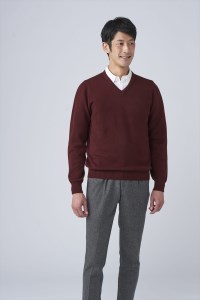 日本製 カシミヤ100% Vセーター ワイン Sサイズ [2629]