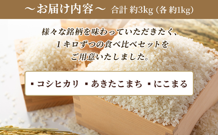＜新米 令和7年産 お米 食べ比べ 3種セット 合計約3kg（各1kg）＞ 米 コメ こめ 白米 精米 コシヒカリ あきたこまち にこまる 穀物 特産品 宇都宮米穀 愛媛県 西予市『最短10営業日以内