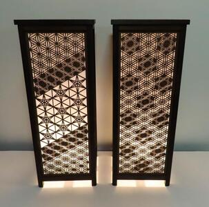 レーザー行灯「趣」Ｌサイズ　 八重麻の葉／胡麻幹 組子デザイン 和紙貼り 高さ65cm LED電球付