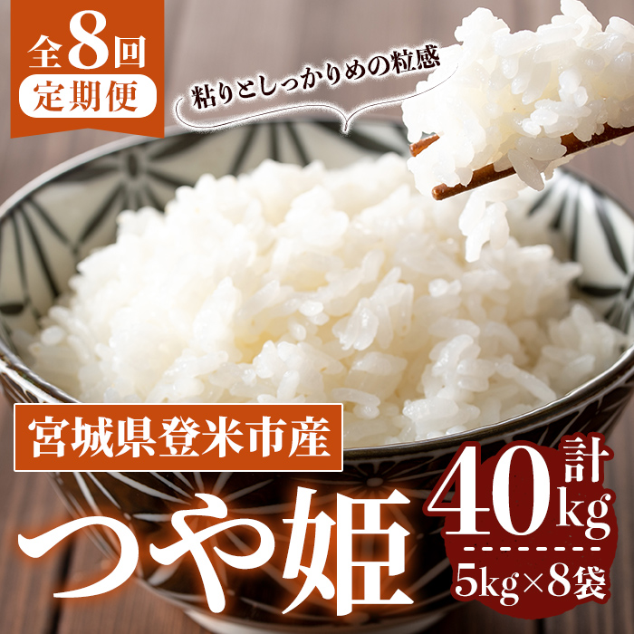 ≪令和7年産≫【8回定期便】つや姫 計40kg(5kg×8回配送) 登米市産 お米 おこめ 米 コメ 白米 ご飯 ごはん おにぎり お弁当 8か月 頒布会【登米ライスサービス株式会社】tm484