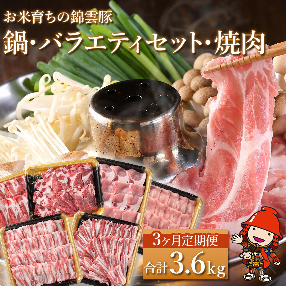 【ふるさと納税】【定期便3回】高級 ブランド 錦雲豚 お米育ちの 錦雲豚 鍋 バラエティ セット 焼き肉 合計3.6kg | お肉 肉 おにく にく 豚 豚肉 ポーク ブランド豚 国産豚 しゃぶしゃぶ 生姜焼き 丼 バラ ロース モモ 詰め合わせ 国産 冷凍 大分県 中津市