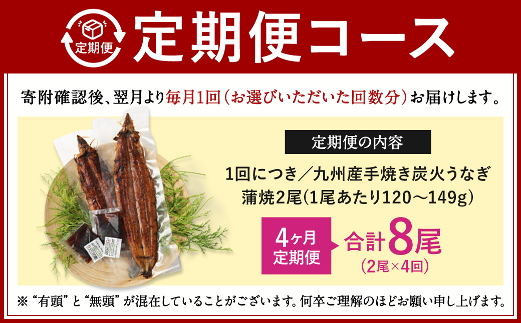 【4ヶ月定期便】九州産 手焼き炭火 うなぎ蒲焼 2尾（1尾あたり120～149g）