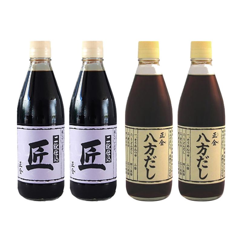 小豆島 桶（こが）仕込 天然醸造 正金醤油　　二段仕込 匠・八方だしセット　360ml　各２本　計4本入