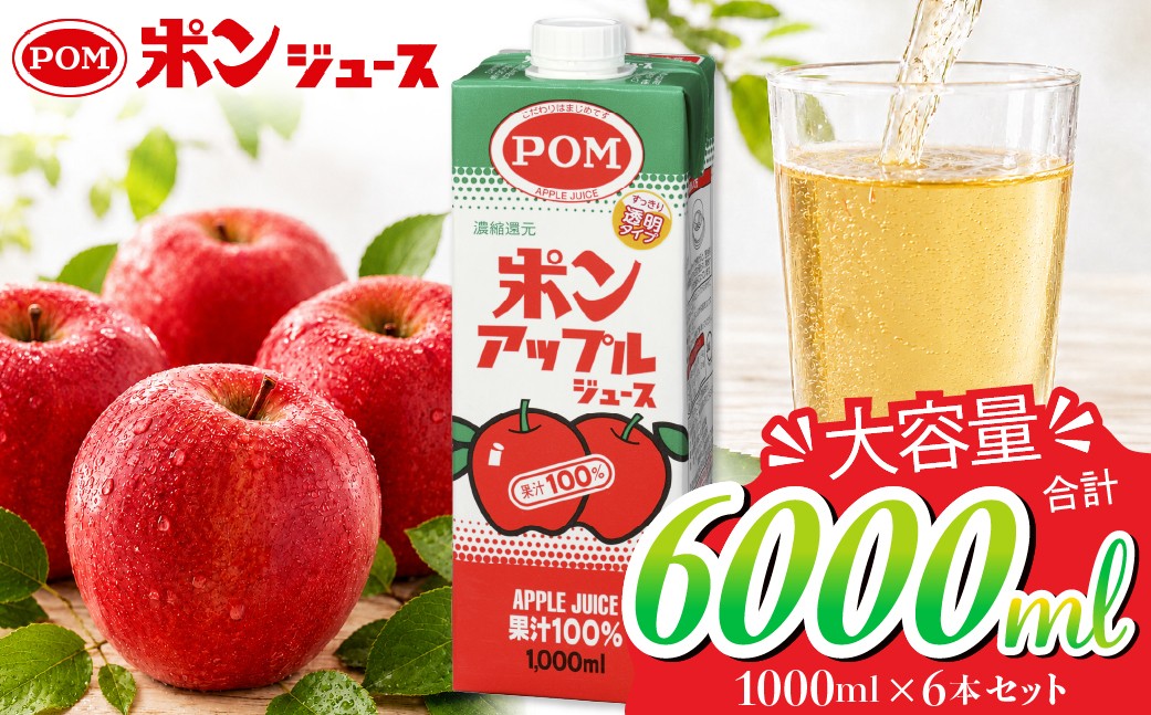 
                  【ポンアップルジュース 果汁100％】POMブランド代表品  1000ml×６本セット 紙パック（口栓付）｜ ジュース りんごジュース 環境配慮 SDGs 安全 POM 爽やか 香り りんご 果汁 酸味 甘味 バランス ブレンド コク 味わい 冷蔵庫 ドアポケット 出し入れしやすい スクエアタイプ キャップ付き ファミリーサイズ 子ども 濃縮還元 おやつ 健康 アップル 茨城県 常陸太田市】
                