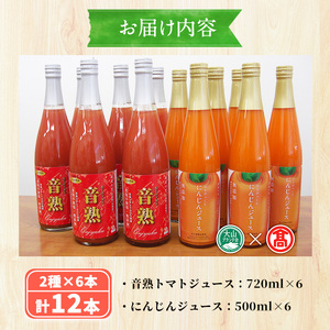 トマトジュースとにんじんジュースセット(計12本/2種×6本) 鳥取県 日南町 トマトジュース にんじんジュース 音楽熟成 完熟 トマト にんじん 濃厚 甘い フレッシュ 無加水 食塩不使用 減農薬 