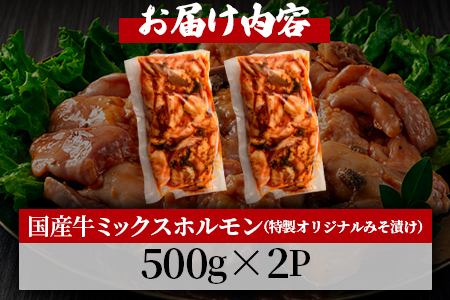 ＜国産牛ミックスホルモン みそ漬 合計1kg(500g×2パック)＞【数量限定】特製オリジナルみそ漬け！【MI288-hr】【肉の豊楽】