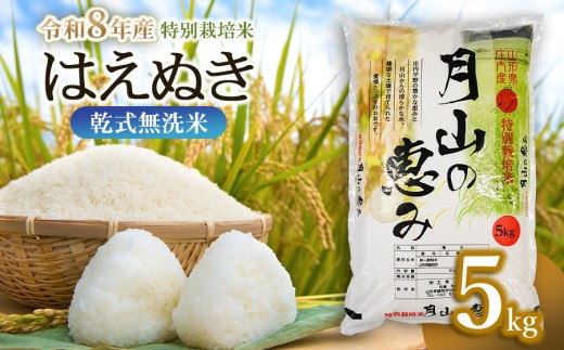 【令和8年産先行予約】【令和8年10月19日～10月25日発送】特別栽培米 はえぬき 乾式無洗米 5kg 山形県鶴岡市産　米工房 月山 【発送時期が選べる】 | 国産 ブランド米 米どころ 庄内米 ご飯 おにぎり 冷めても美味しい お弁当 おすすめ 人気 贈答 ギフト プレゼント 農家直送