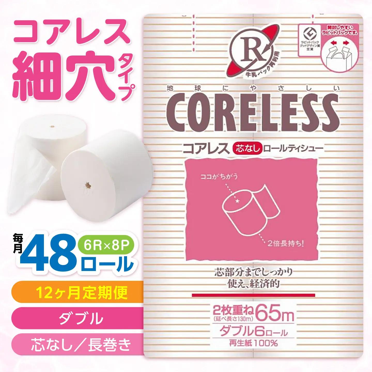【全12回定期便】【細穴タイプ】トイレットペーパー ダブル 長巻き 65m 6ロール×8パック エコ  コアレス [VAA045]