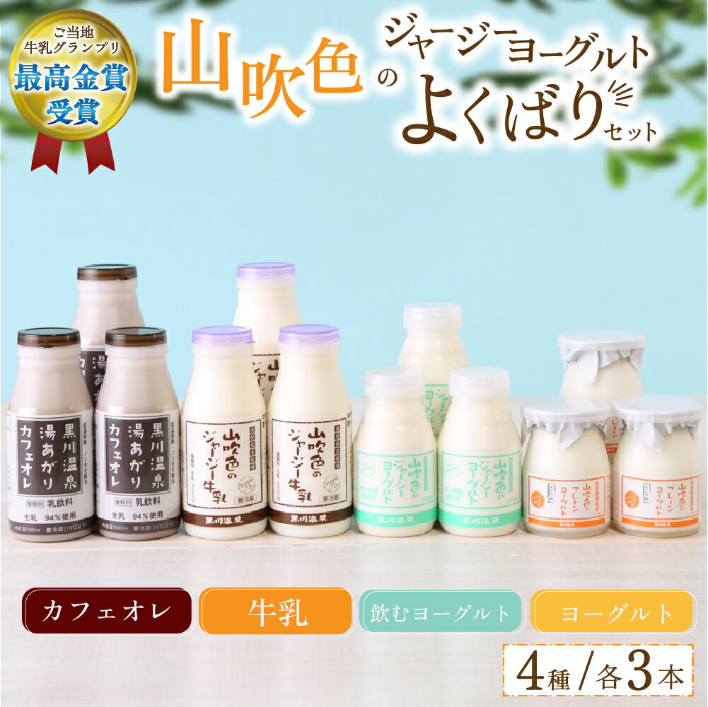 【ふるさと納税】 黒川温泉 山吹色のジャージーヨーグルト よくばりセット 4種 ジャージー牛乳 飲むヨーグルト カフェオレ プレーン 詰め合わせ セット 乳製品 飲料 腸活 免疫力アップ 乳酸菌 ご当地牛乳グランプリ 最高金賞 ギフト 山のいぶき 熊本 阿蘇 南小国 送料無料