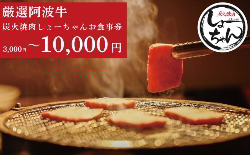 
            焼肉 阿波牛 食事券 3000円 5000円 10000円 チケット 黒毛和牛 和牛 牛肉 焼き肉 肉 レストラン 韓国料理 お食事券 割引券 クーポン券 クーポン 商品券 徳島県 吉野川市 炭火焼肉しょーちゃん
          