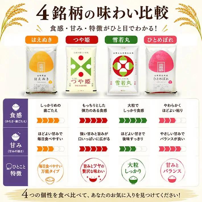 (11月～2月) ≪新米予約≫ ≪4ヶ月定期便≫ 精米 4銘柄食べ比べセット 各5kg 4ヶ月連続 計20kg 令和8年産 はえぬき つや姫 雪若丸 ひとめぼれ 山形県産 毎月中旬にお届け 東北 山形